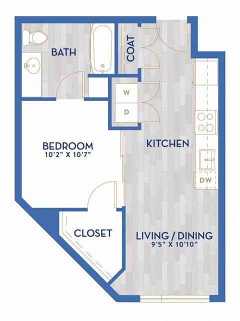 Floor plan for 1 bed, 1 bath, 538 sqft